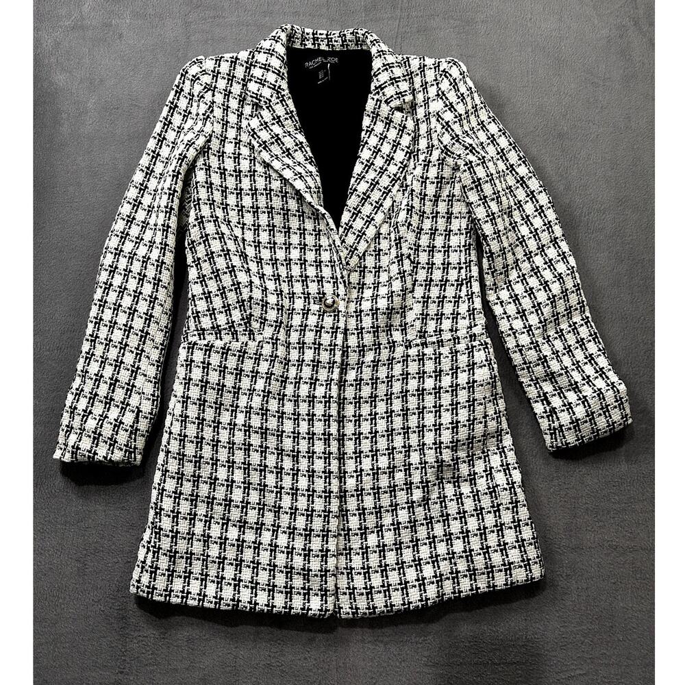 Rachel‎ Zoe Blazer Women Black White Tweed Longline Career Jacket Size XS